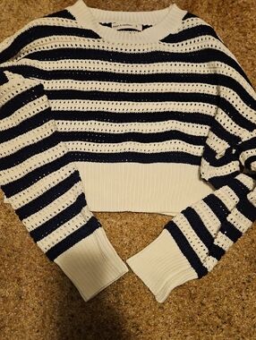 moon & madison Navy and White Striped Open-Knit Cropped Sweater